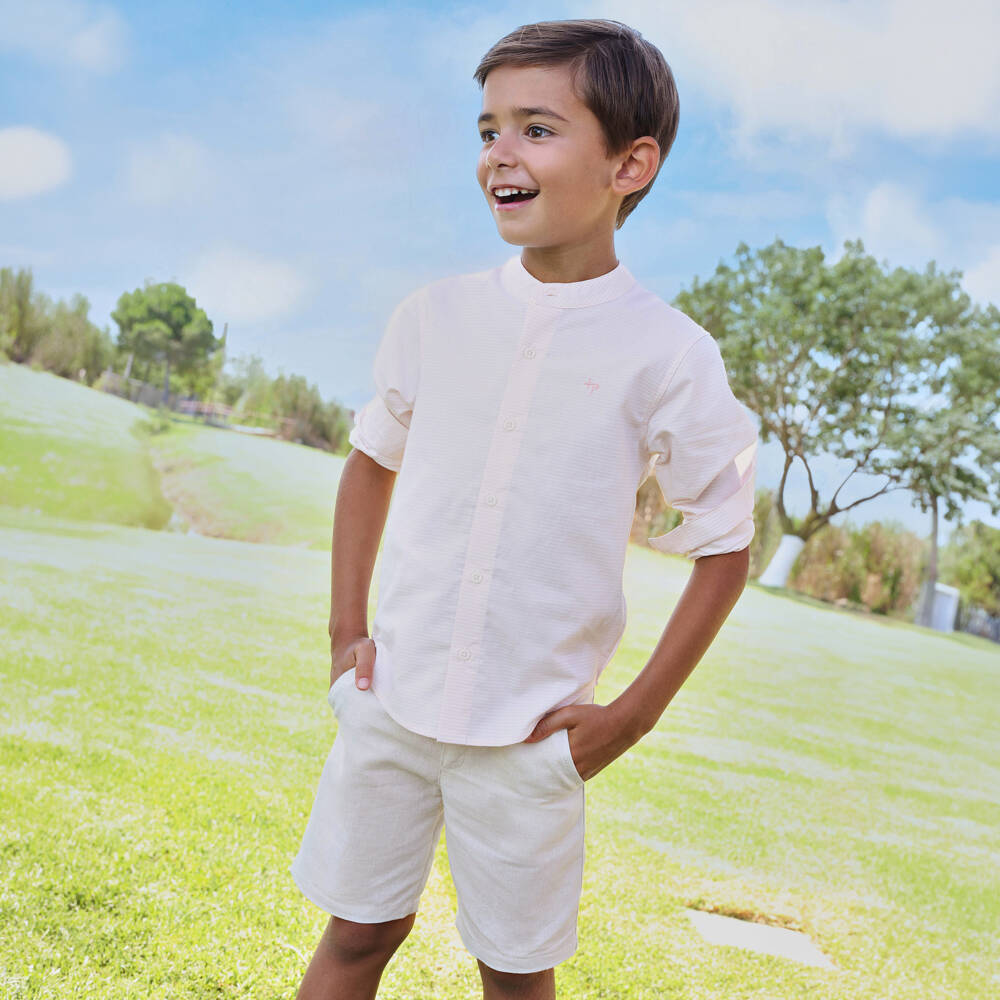 Tutto Piccolo-Boys Pink Stripe Shirt & Beige Shorts Set | Childrensalon Outlet