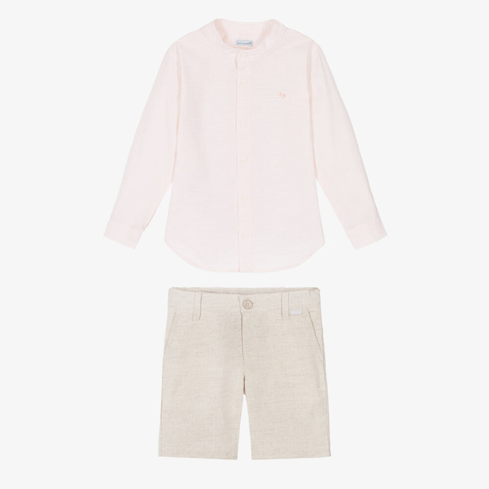 Tutto Piccolo-Boys Pink Stripe Shirt & Beige Shorts Set | Childrensalon Outlet