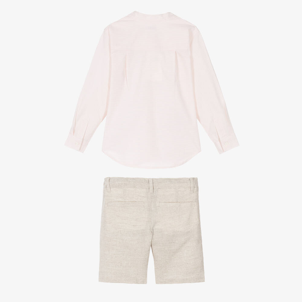 Tutto Piccolo-Boys Pink Stripe Shirt & Beige Shorts Set | Childrensalon Outlet