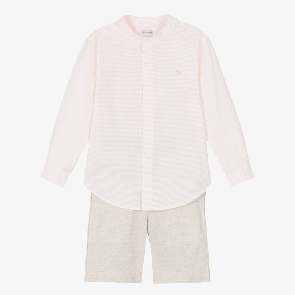 Tutto Piccolo-Boys Pink Stripe Shirt & Beige Shorts Set | Childrensalon Outlet