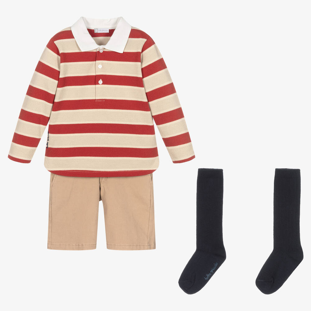 Tutto Piccolo - Boys Red & Beige Striped Shorts Set | Childrensalon