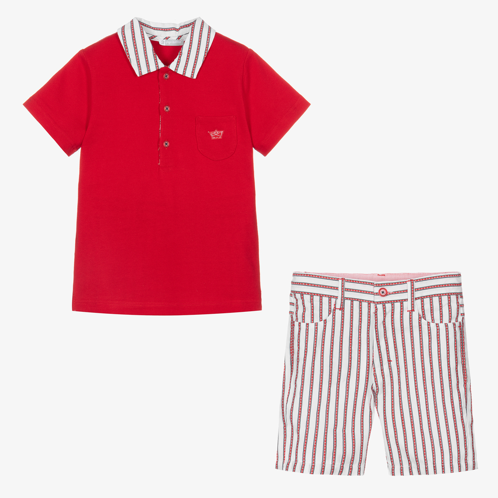 Tutto Piccolo-طقم شورت قطن لون أحمر وأبيض للأولاد | Childrensalon Outlet