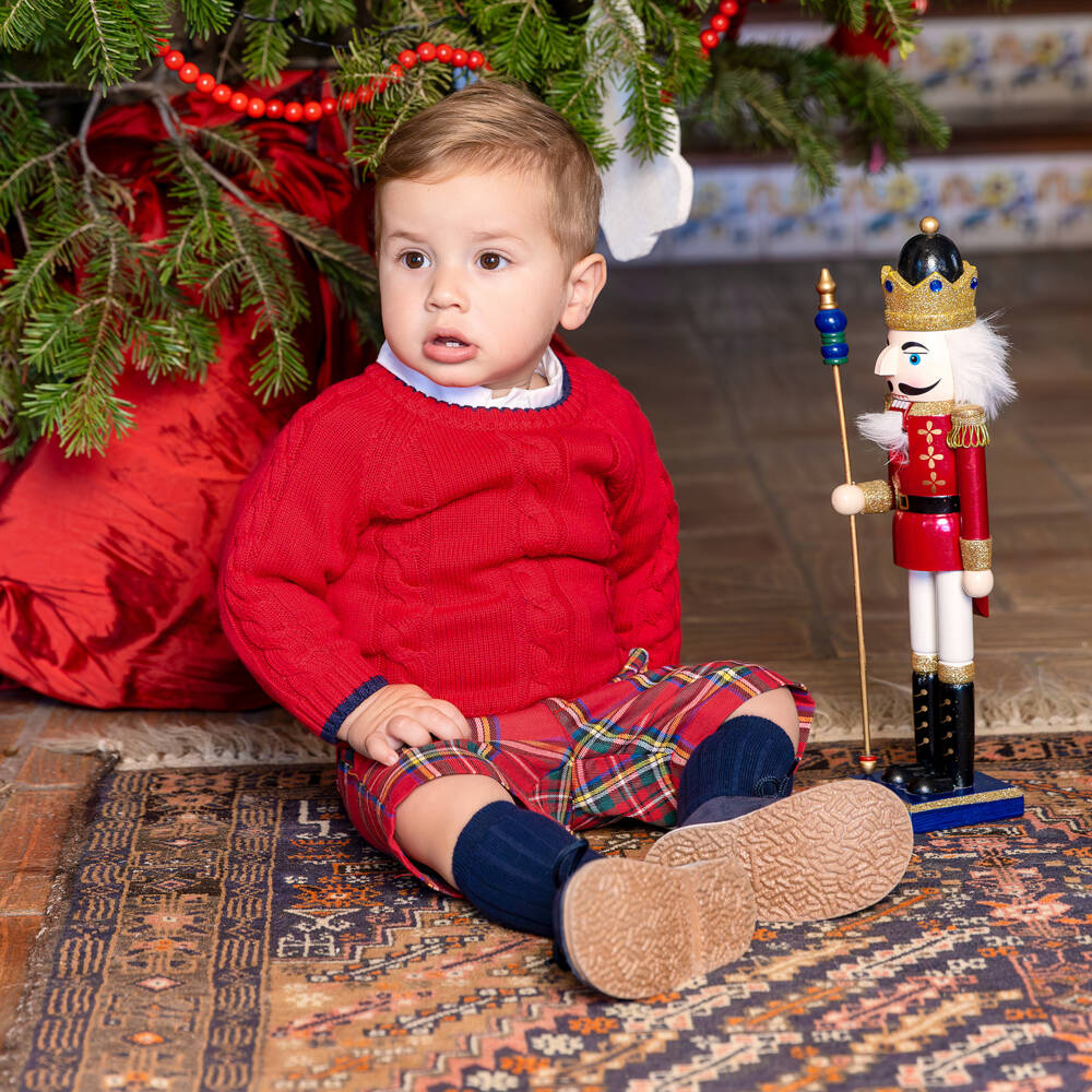 Tutto Piccolo-Boys Red Sweater & Tartan Shorts Set | Childrensalon Outlet