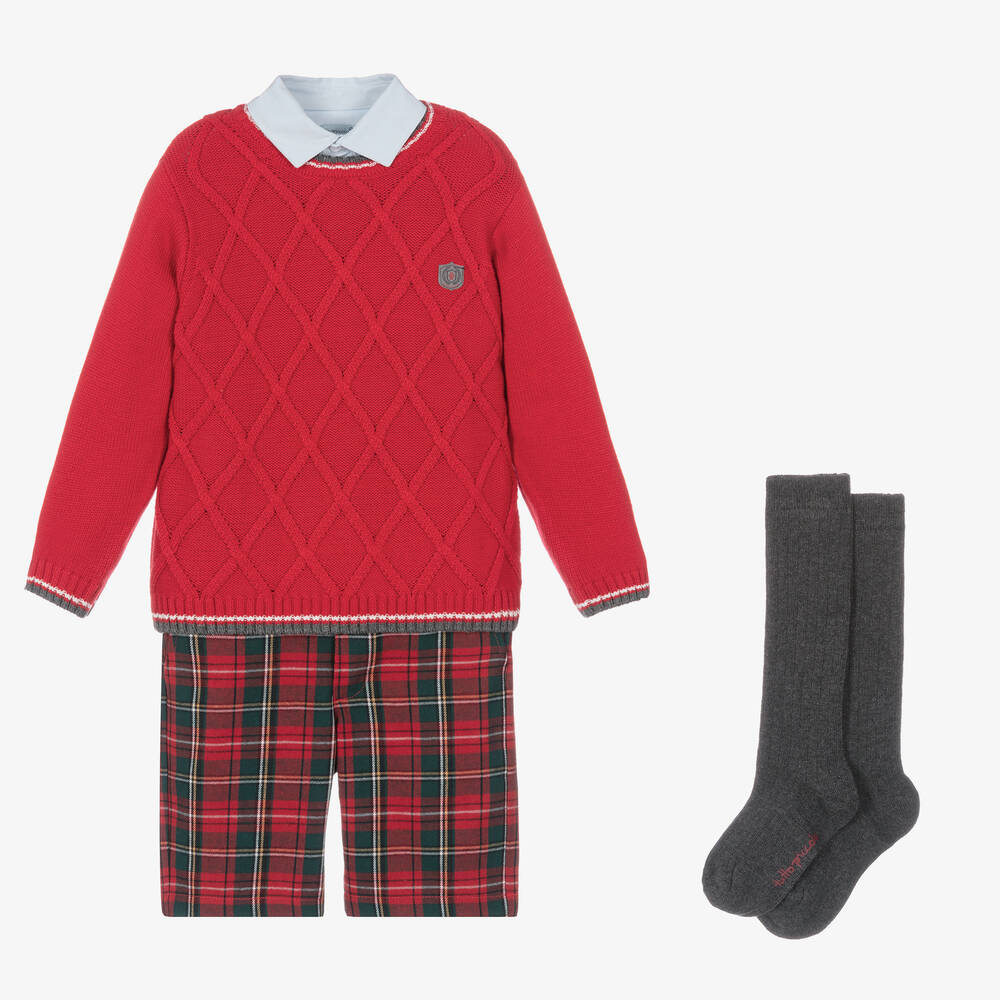 Tutto Piccolo - Boys Red Tartan Cotton Shorts Set | Childrensalon