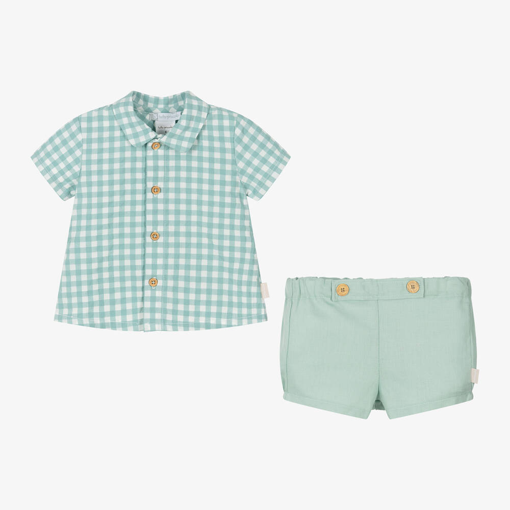 Tutto Piccolo-طقم شورت قطن وكتان لون أخضر للأولاد | Childrensalon Outlet