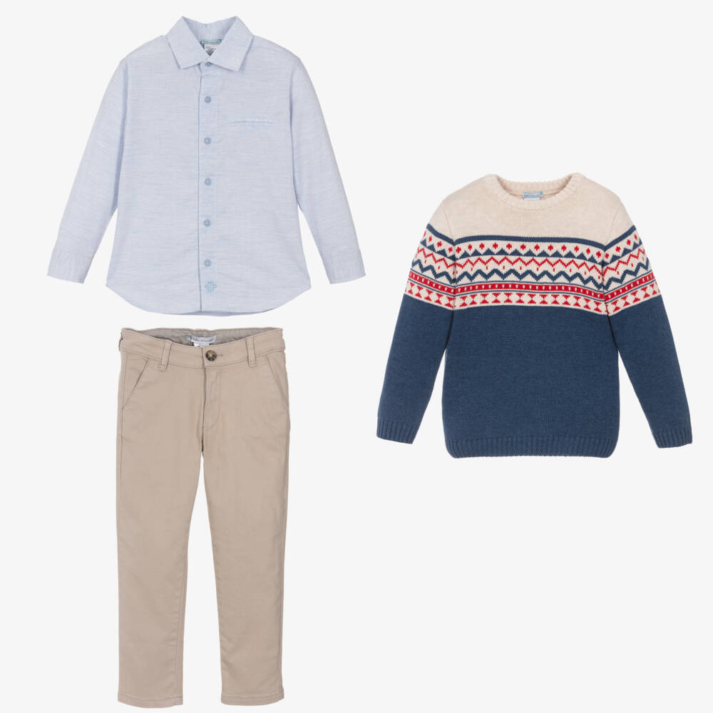 Tutto Piccolo-Boys Stone Trousers Blue Jumper Set | Childrensalon Outlet