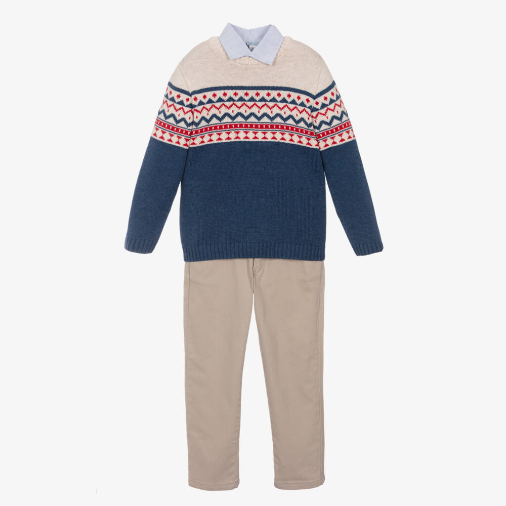 Tutto Piccolo-Boys Stone Trousers Blue Jumper Set | Childrensalon Outlet