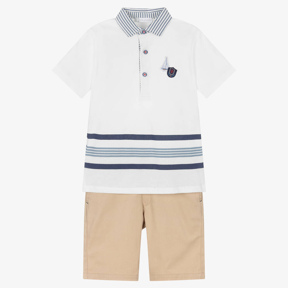 Tutto Piccolo - Белая рубашка поло и бежевые шорты из хлопка | Childrensalon