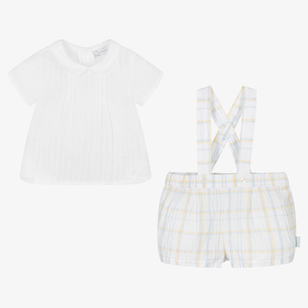 Tutto Piccolo-Белый топ и голубые шорты в клетку | Childrensalon Outlet