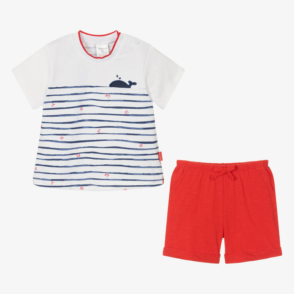 Tutto Piccolo-طقم شورت قطن جيرسي لون أبيض وأحمر للأولاد | Childrensalon Outlet