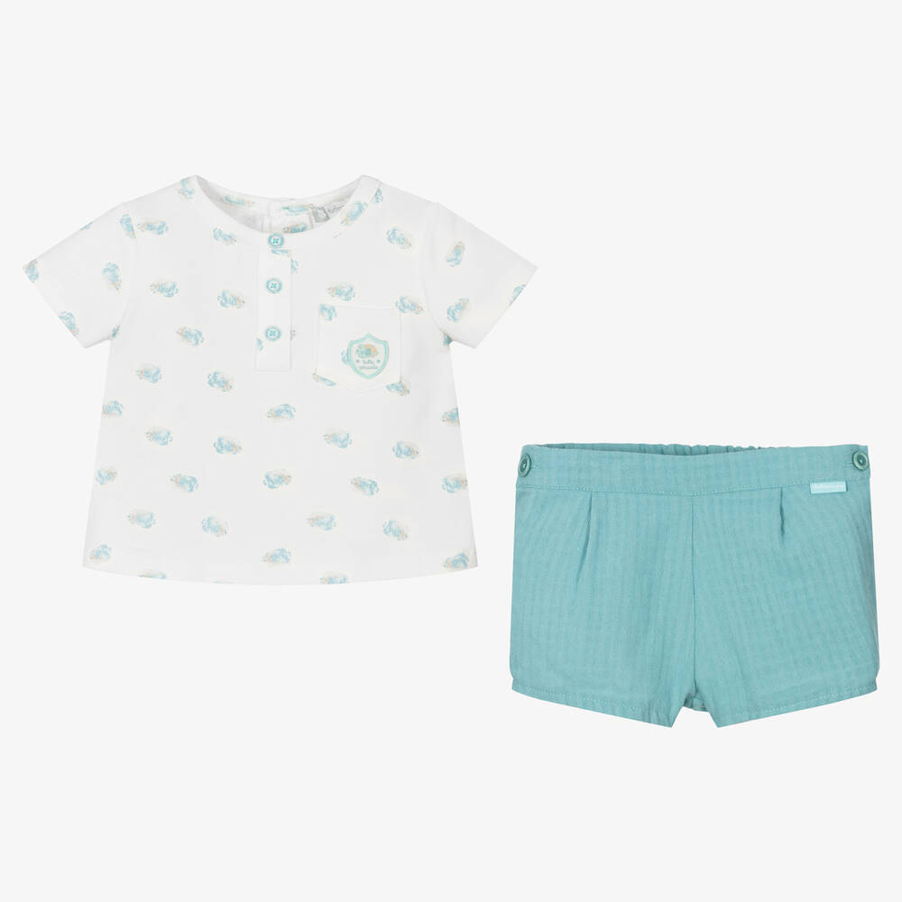 Tutto Piccolo-طقم شورت أطفال ولادي قطن جيرسي لون أبيض وأزرق | Childrensalon Outlet