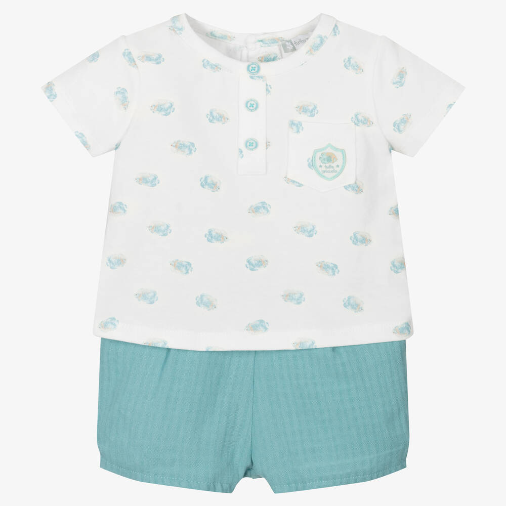 Tutto Piccolo - Boys White & Teal Blue Cotton Shorts Set | Childrensalon