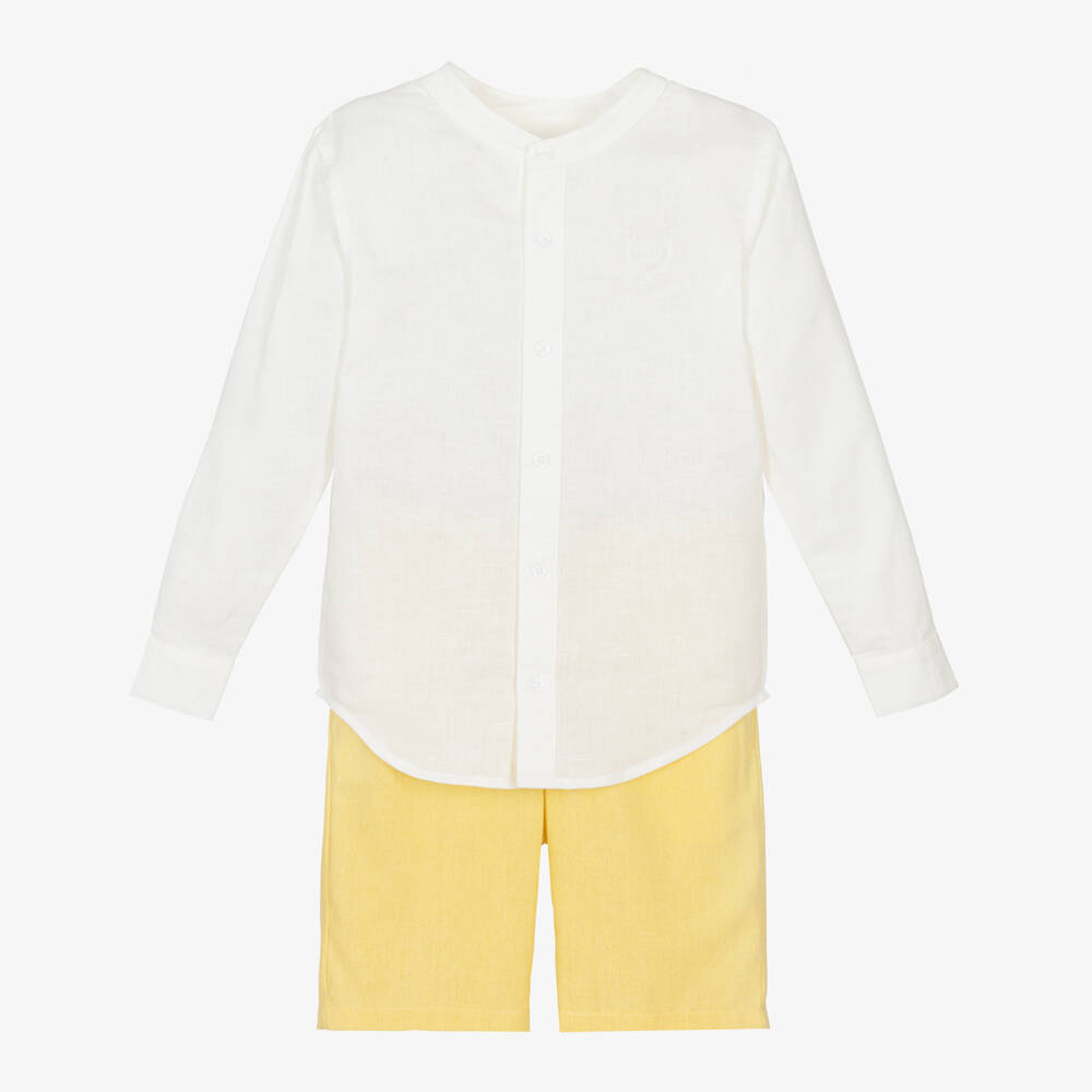 Tutto Piccolo-Boys White & Yellow Cotton & Linen Shorts Set | Childrensalon Outlet