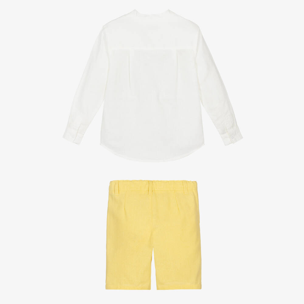 Tutto Piccolo-Boys White & Yellow Cotton & Linen Shorts Set | Childrensalon Outlet