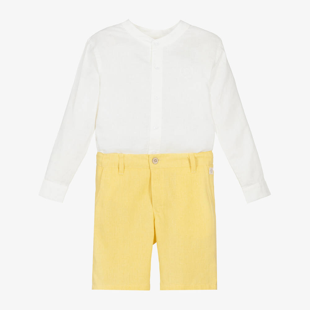 Tutto Piccolo-Boys White & Yellow Cotton & Linen Shorts Set | Childrensalon Outlet