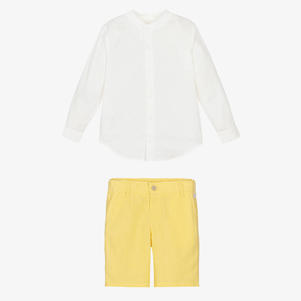 Tutto Piccolo-Boys White & Yellow Cotton & Linen Shorts Set | Childrensalon Outlet