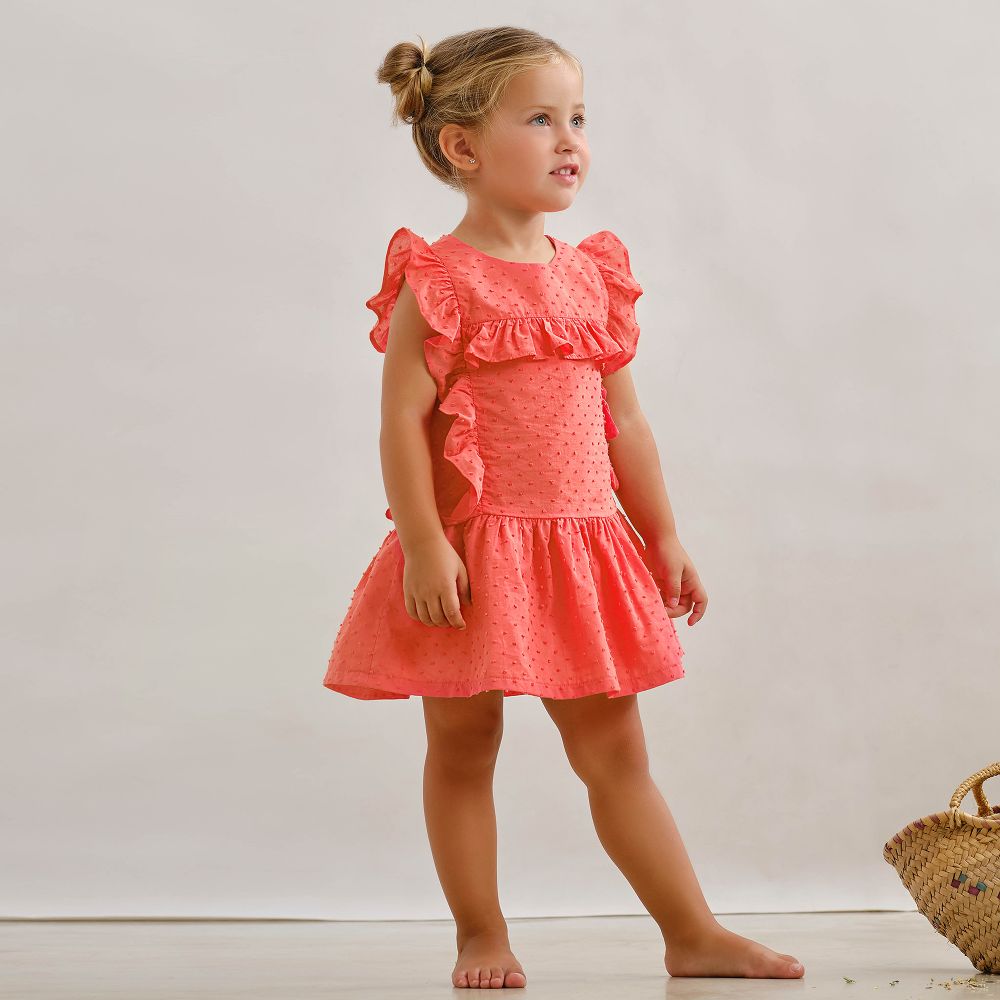 Tutto Piccolo Girls Coral Plumeti Dress Girls Kids 10 Year Pink Cotton by Childrensalon