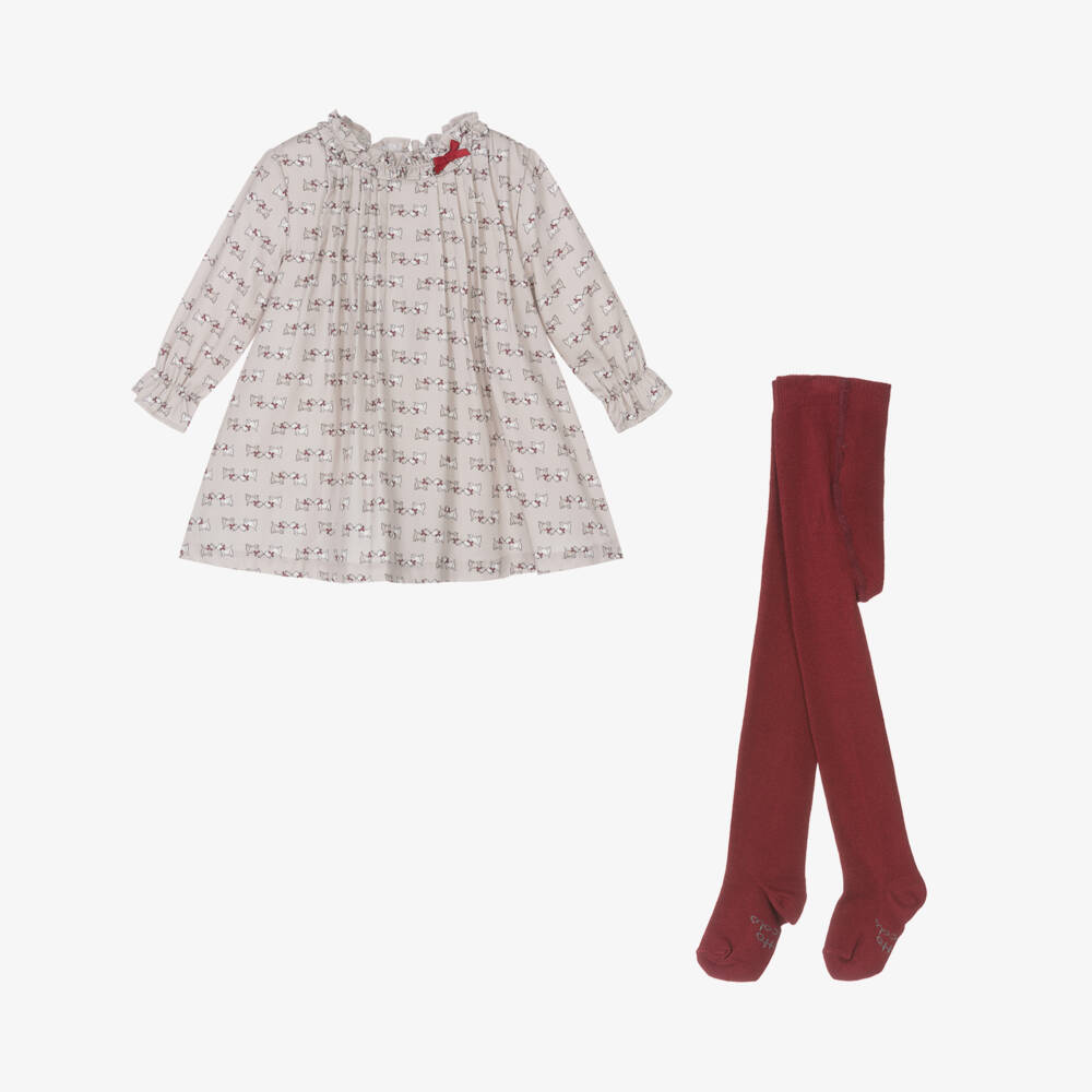Tutto Piccolo-Girls Beige Dog Print Dress Ensemble | Childrensalon Outlet