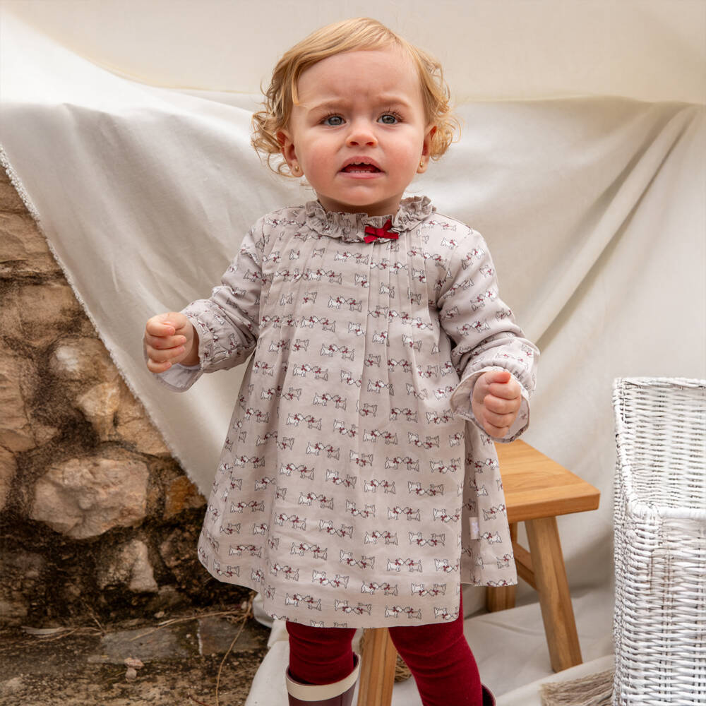 Tutto Piccolo-Girls Beige Dog Print Dress Ensemble | Childrensalon Outlet