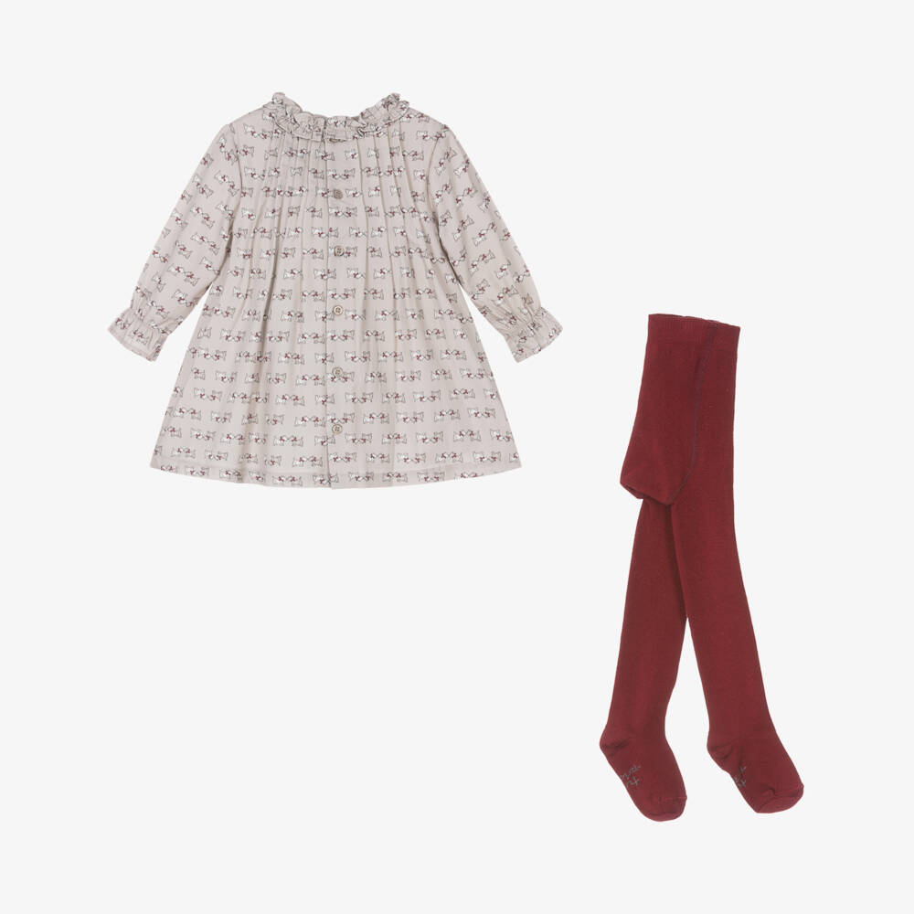 Tutto Piccolo-Girls Beige Dog Print Dress Ensemble | Childrensalon Outlet