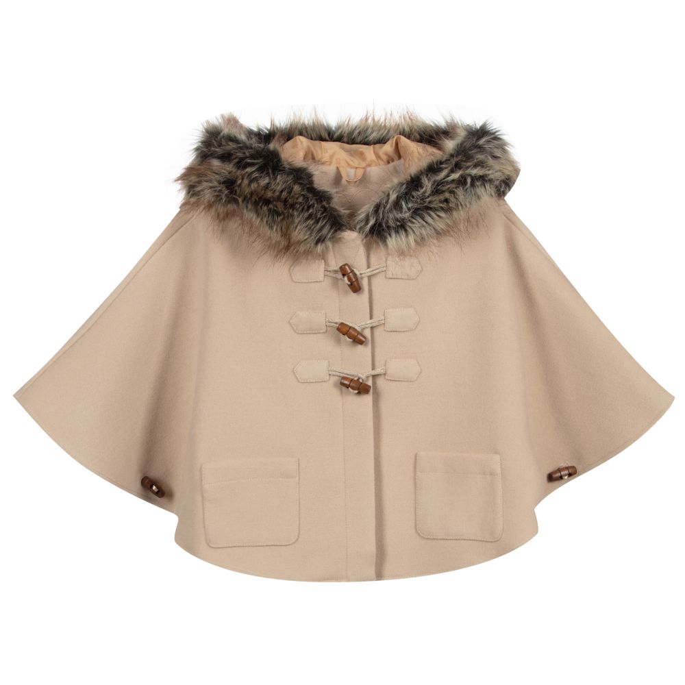 Tutto Piccolo - Girls Beige Fur Trim Cape | Childrensalon