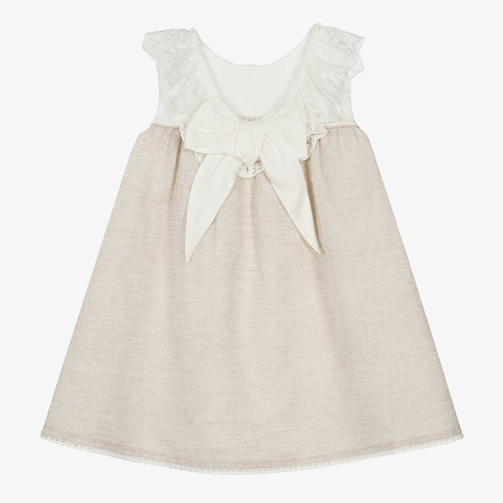 Tutto Piccolo-Girls Beige Linen & Cotton Dress | Childrensalon Outlet