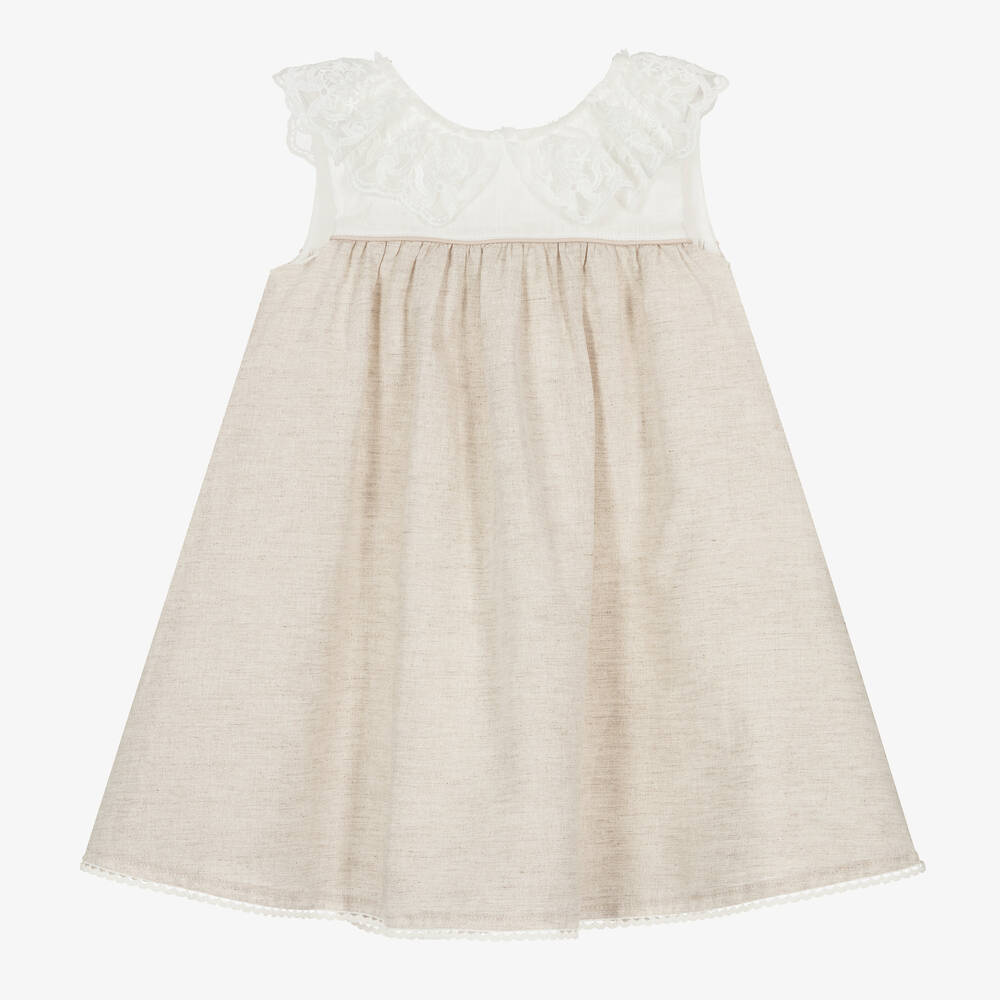 Tutto Piccolo-فستان قطن وكتان لون بيج وعاجي مزين بفيونكة | Childrensalon Outlet
