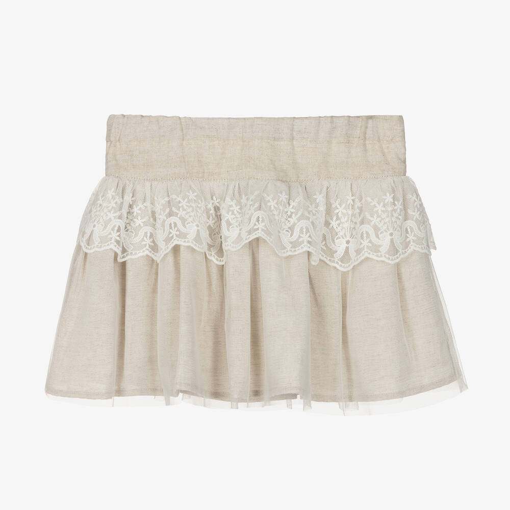 Tutto Piccolo-تنورة كتان وقطن لون بيج مزينة بدانتيل | Childrensalon Outlet