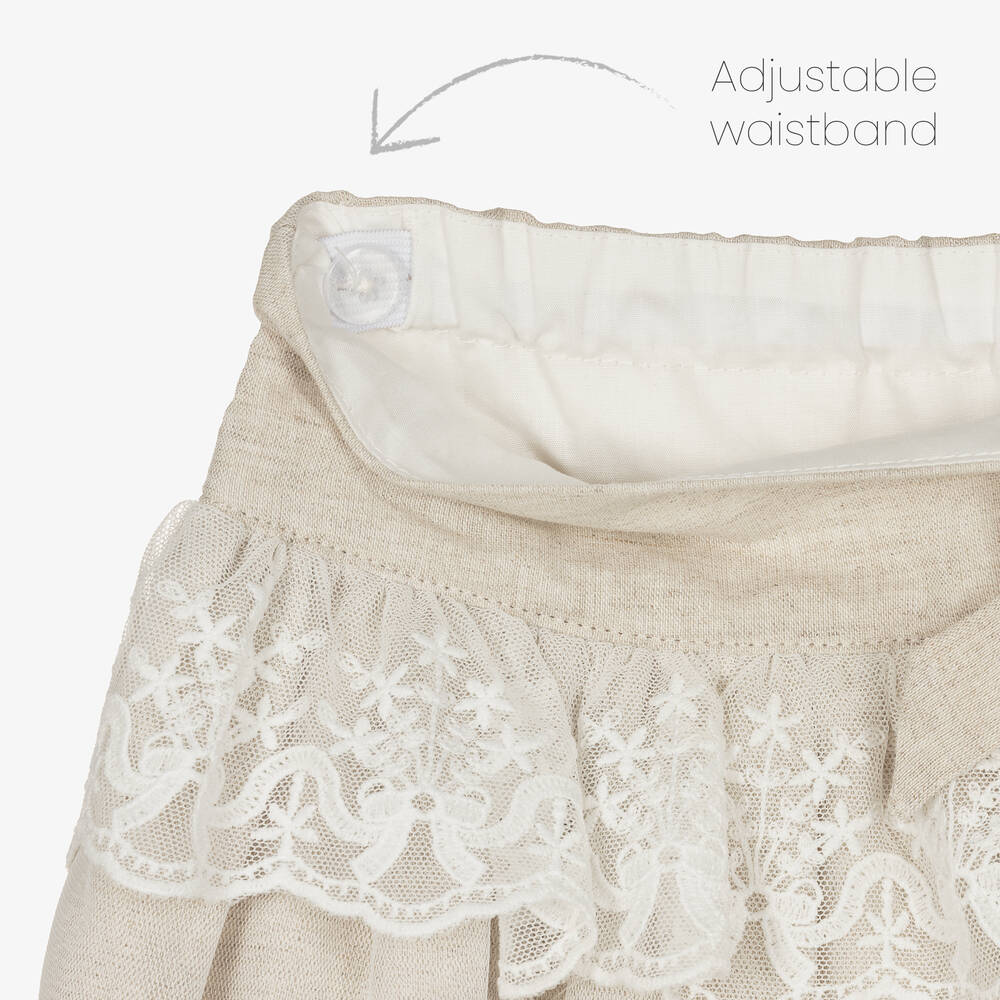 Tutto Piccolo-تنورة كتان وقطن لون بيج مزينة بدانتيل | Childrensalon Outlet