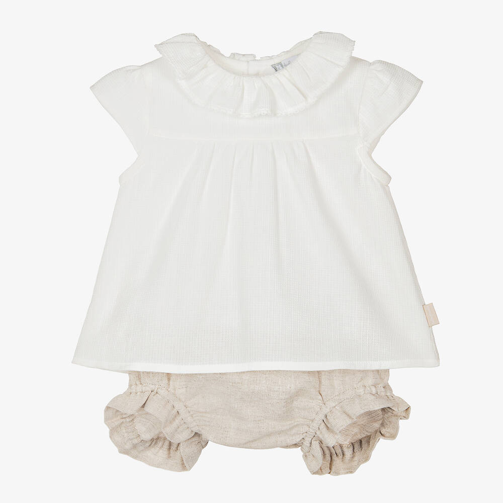Tutto Piccolo-Girls Beige Ruffle Linen Shorts Set | Childrensalon Outlet