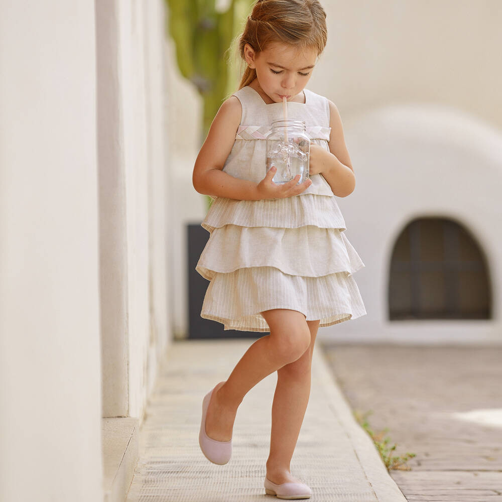 Tutto Piccolo Girls Beige Tiered Linen Dress Childrensalon Outlet