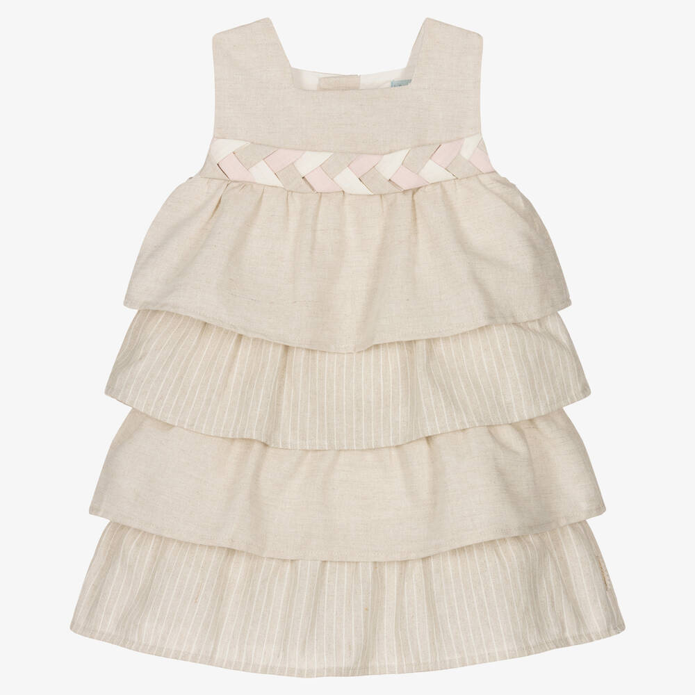 Tutto Piccolo - Girls Beige Tiered Linen Dress | Childrensalon