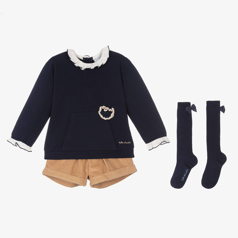 Tutto Piccolo - Синий топ с бежевыми шортами для девочек | Childrensalon