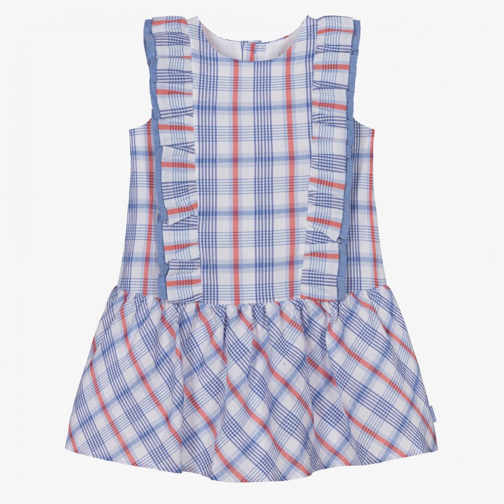 Tutto Piccolo-فستان قطن كاروهات لون أزرق وبرتقالي | Childrensalon Outlet