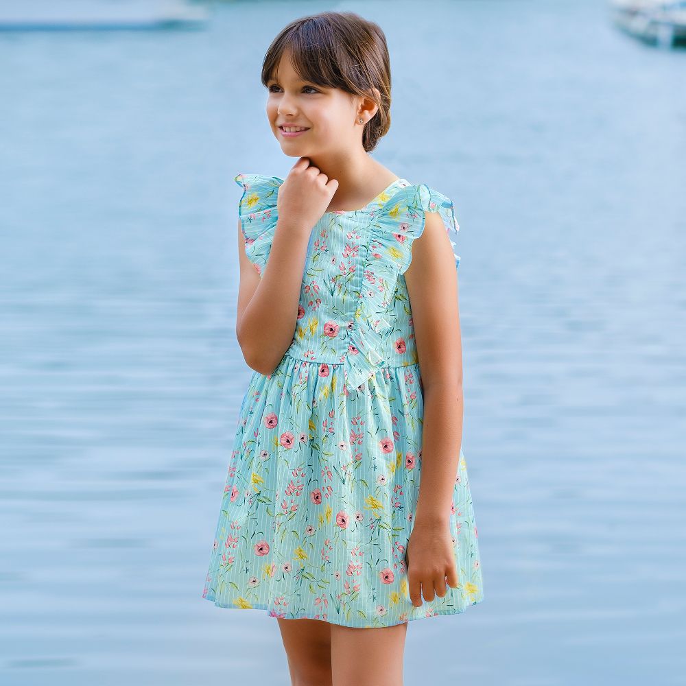 Tutto Piccolo - Girls Blue Floral Cotton Dress | Childrensalon Outlet
