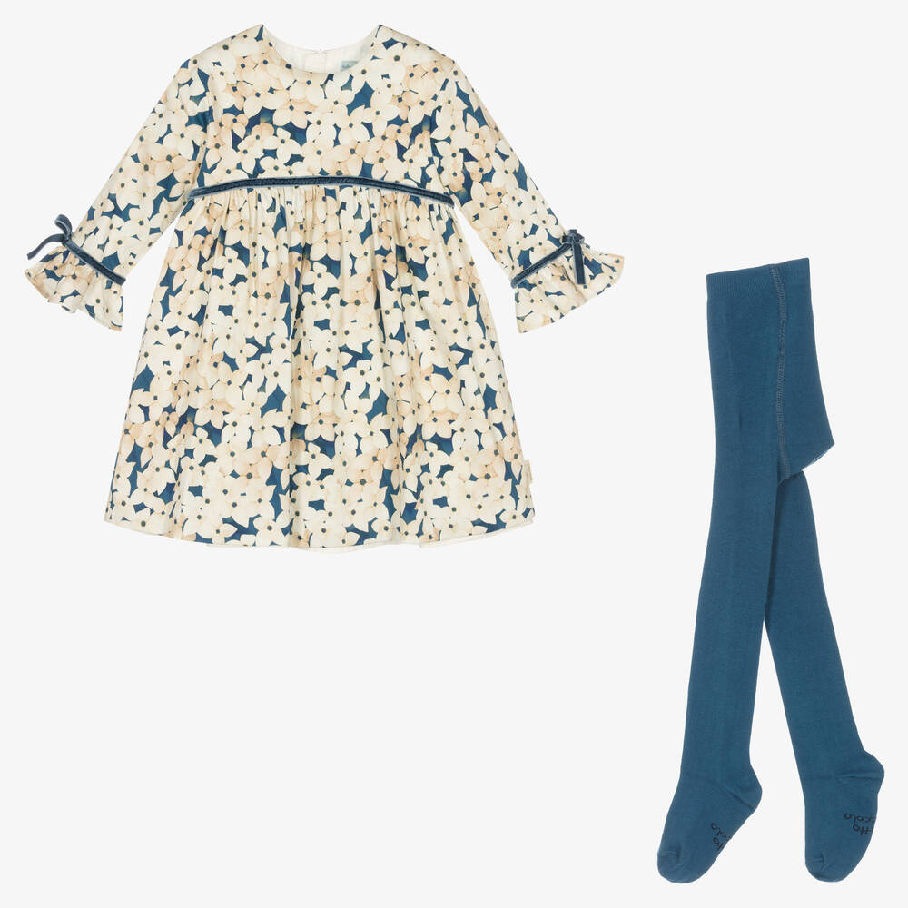 Tutto Piccolo - طقم فستان بطبعة ورود قطن لون أزرق | Childrensalon