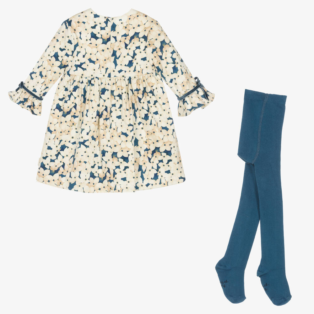 Tutto Piccolo-Хлопковое платье в цветочек и синие колготки | Childrensalon Outlet