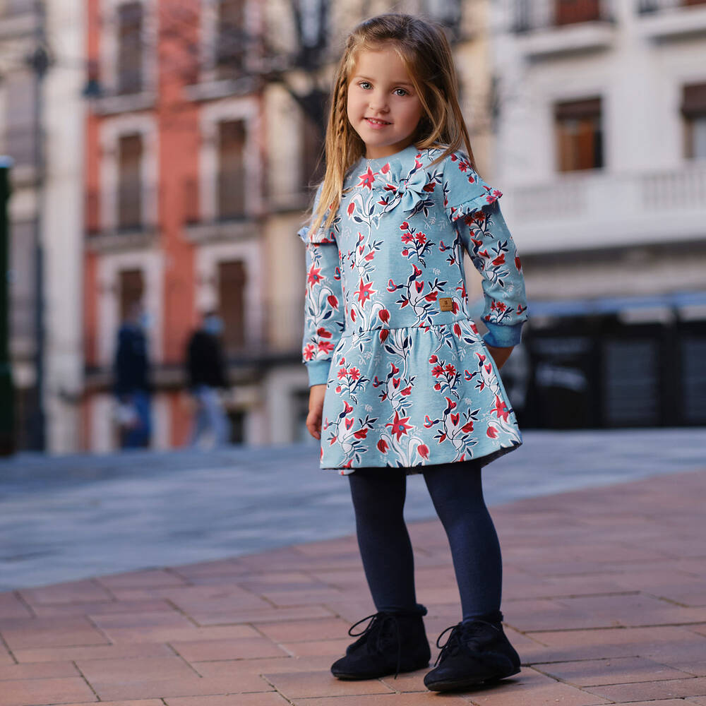 Tutto Piccolo-طقم فستان قطن جيرسي لون أزرق بطبعة ورود | Childrensalon Outlet