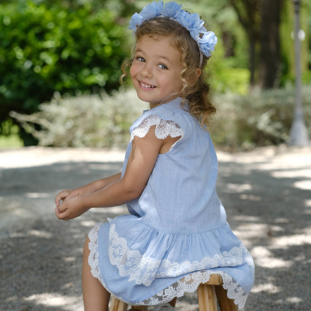 Tutto Piccolo-Голубое платье с кремовым кружевом для девочек | Childrensalon Outlet