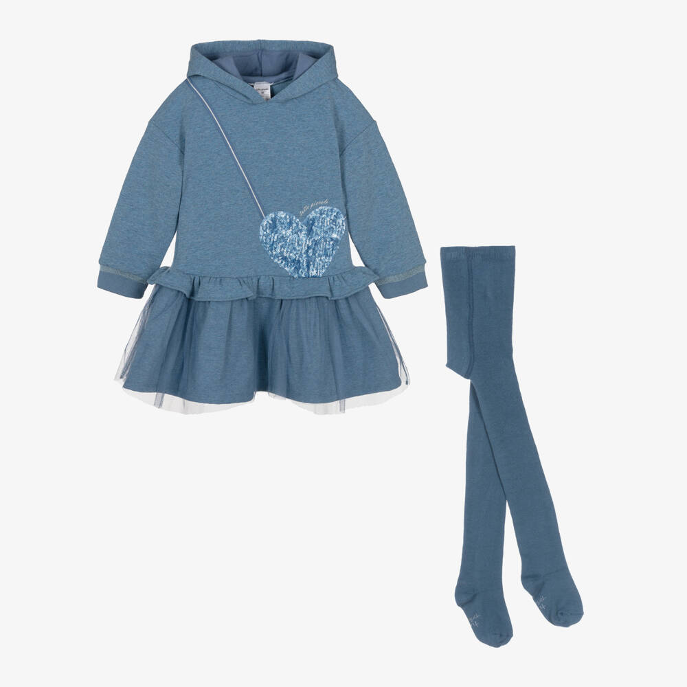 Tutto Piccolo-طقم فستان وكولون قطن لون أزرق | Childrensalon Outlet
