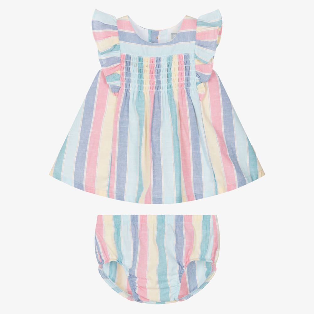 Tutto Piccolo-Girls Blue Pastel Striped Cotton Dress with Knickers | Childrensalon Outlet
