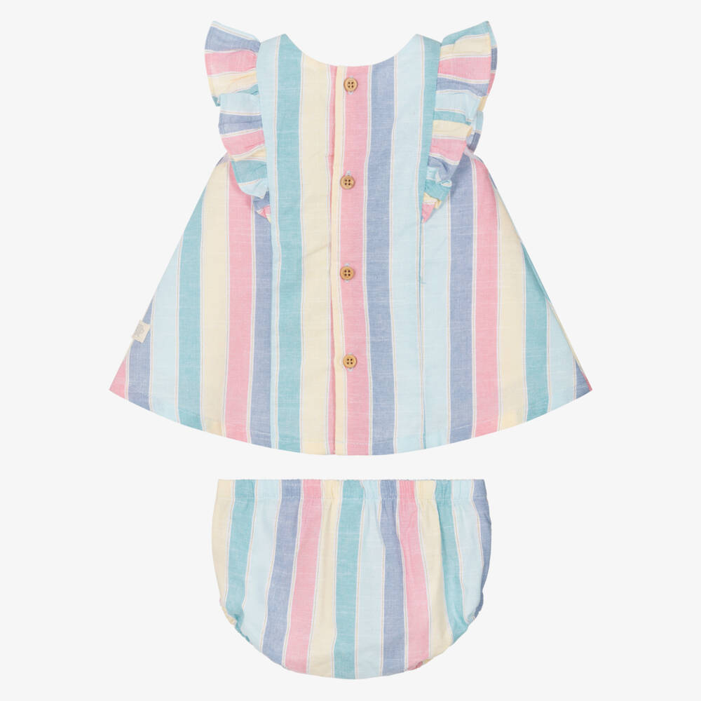 Tutto Piccolo-Girls Blue Pastel Striped Cotton Dress with Knickers | Childrensalon Outlet
