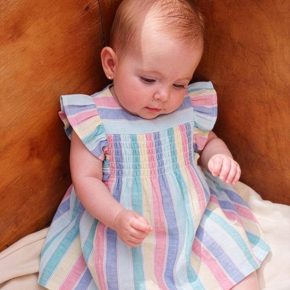 Tutto Piccolo-Girls Blue Pastel Striped Cotton Dress with Knickers | Childrensalon Outlet