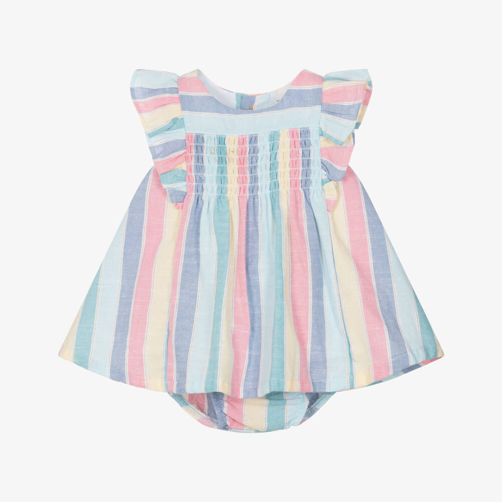 Tutto Piccolo-Girls Blue Pastel Striped Cotton Dress with Knickers | Childrensalon Outlet