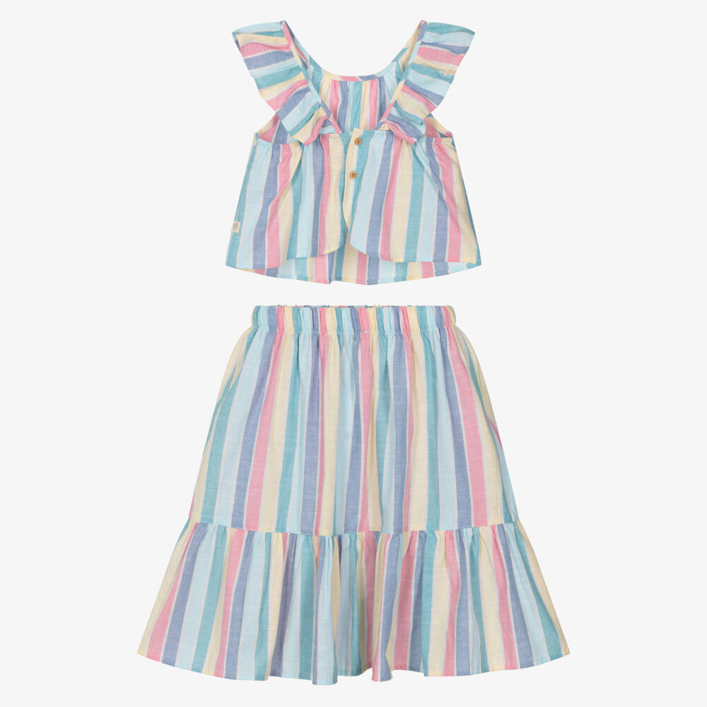 Tutto Piccolo-Girls Blue Pastel Striped Cotton Skirt Set | Childrensalon Outlet