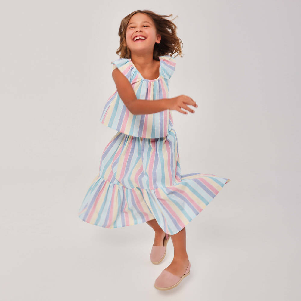 Tutto Piccolo-Girls Blue Pastel Striped Cotton Skirt Set | Childrensalon Outlet