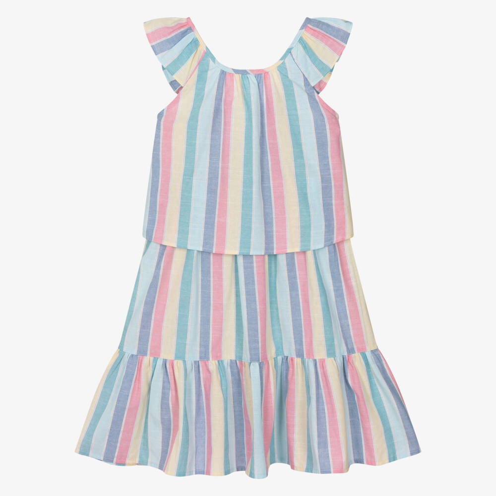 Tutto Piccolo-Girls Blue Pastel Striped Cotton Skirt Set | Childrensalon Outlet