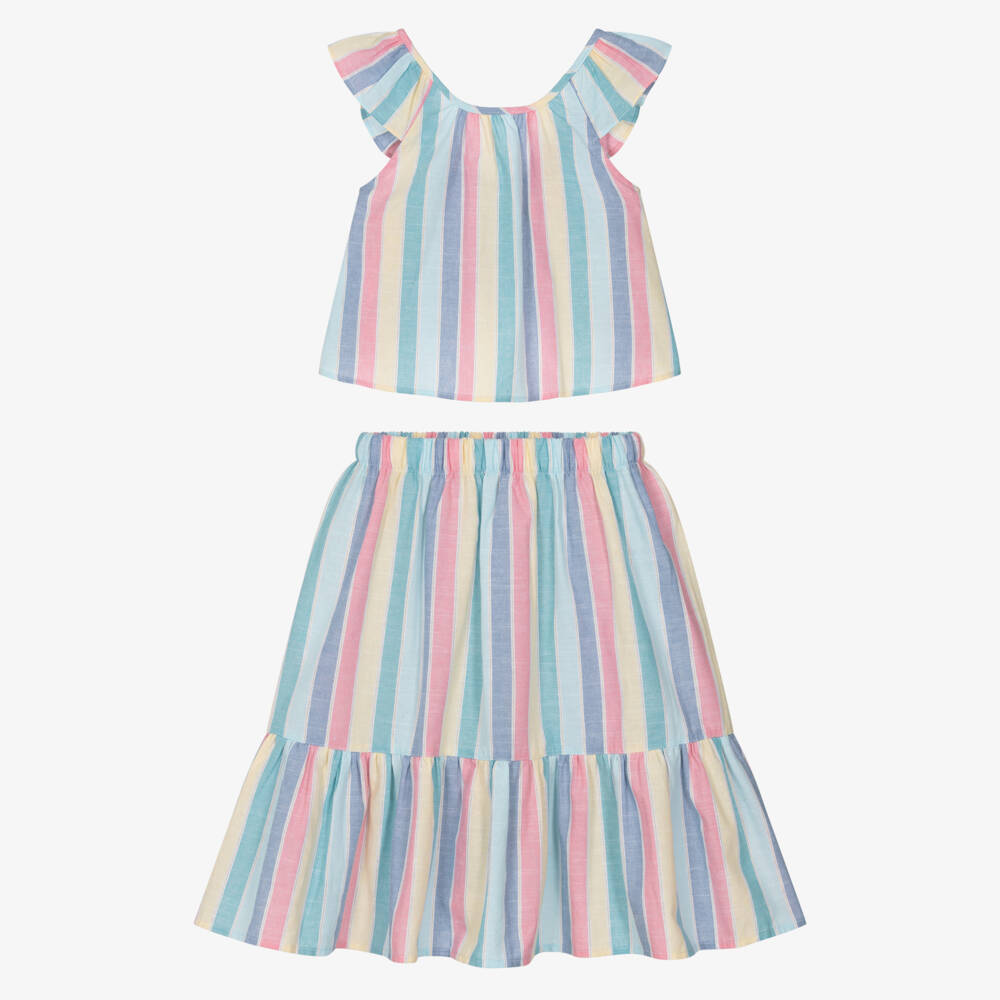 Tutto Piccolo-Girls Blue Pastel Striped Cotton Skirt Set | Childrensalon Outlet