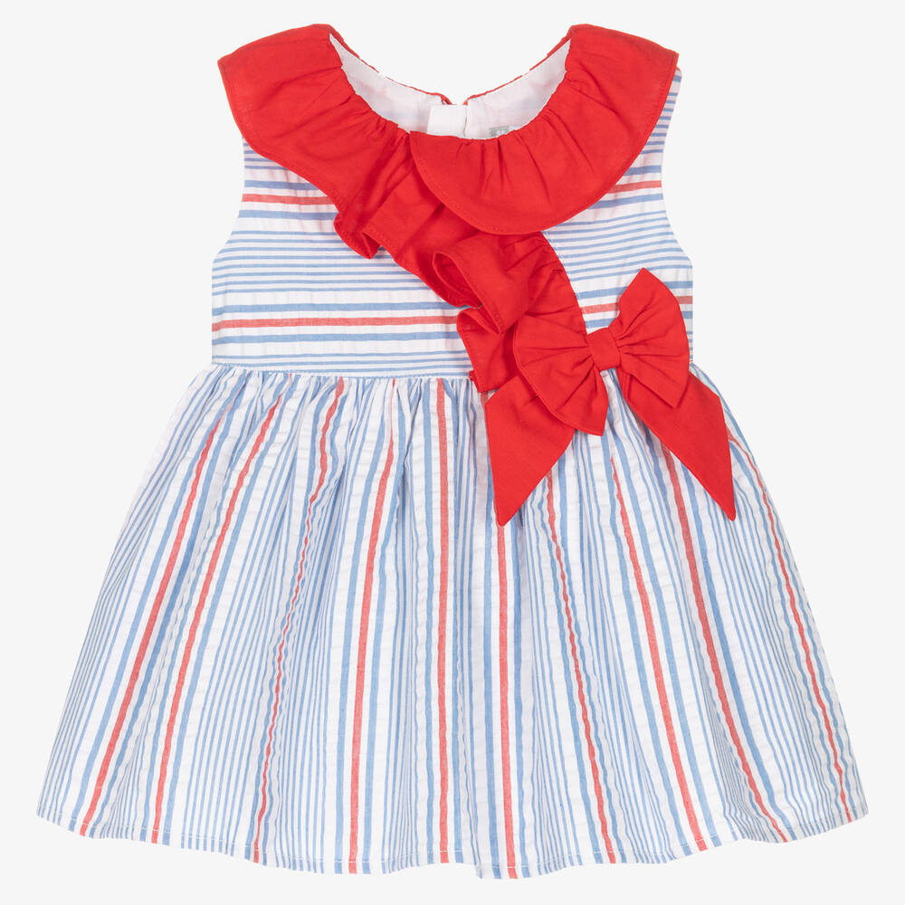 Tutto Piccolo - Girls Blue & Red Cotton Seersucker Dress | Childrensalon