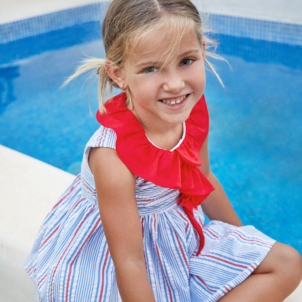 Tutto Piccolo-Красно-голубое платье из хлопка в тонкую полоску | Childrensalon Outlet